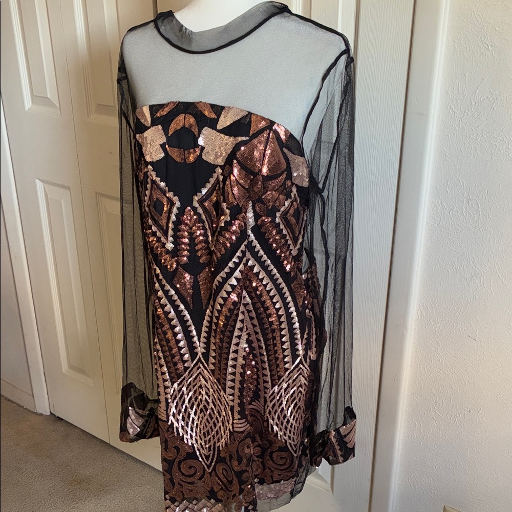 Fashion Nova Black and Bronze Sequin Long Sleeve Dress